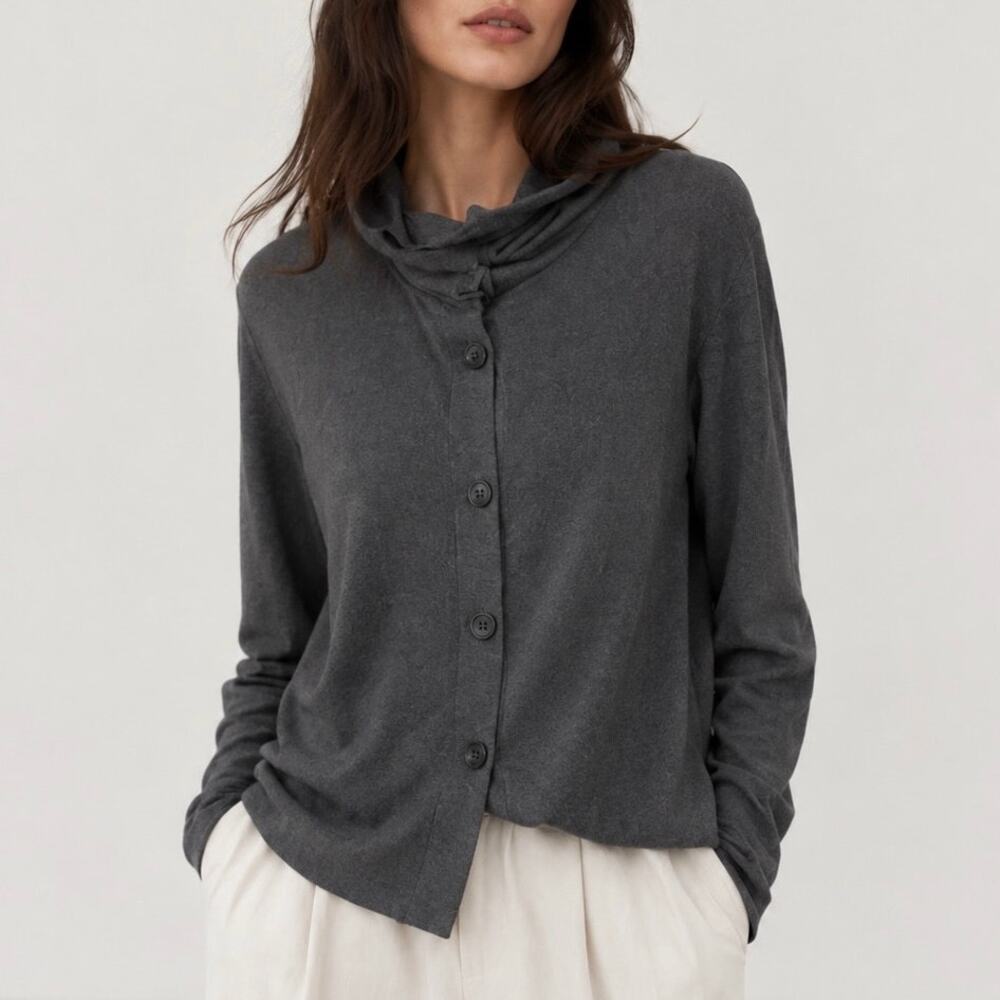OSKA Silk Wool Gray Button Cardigan Cowl Neck Minimalist Capsule Size 1 / Small